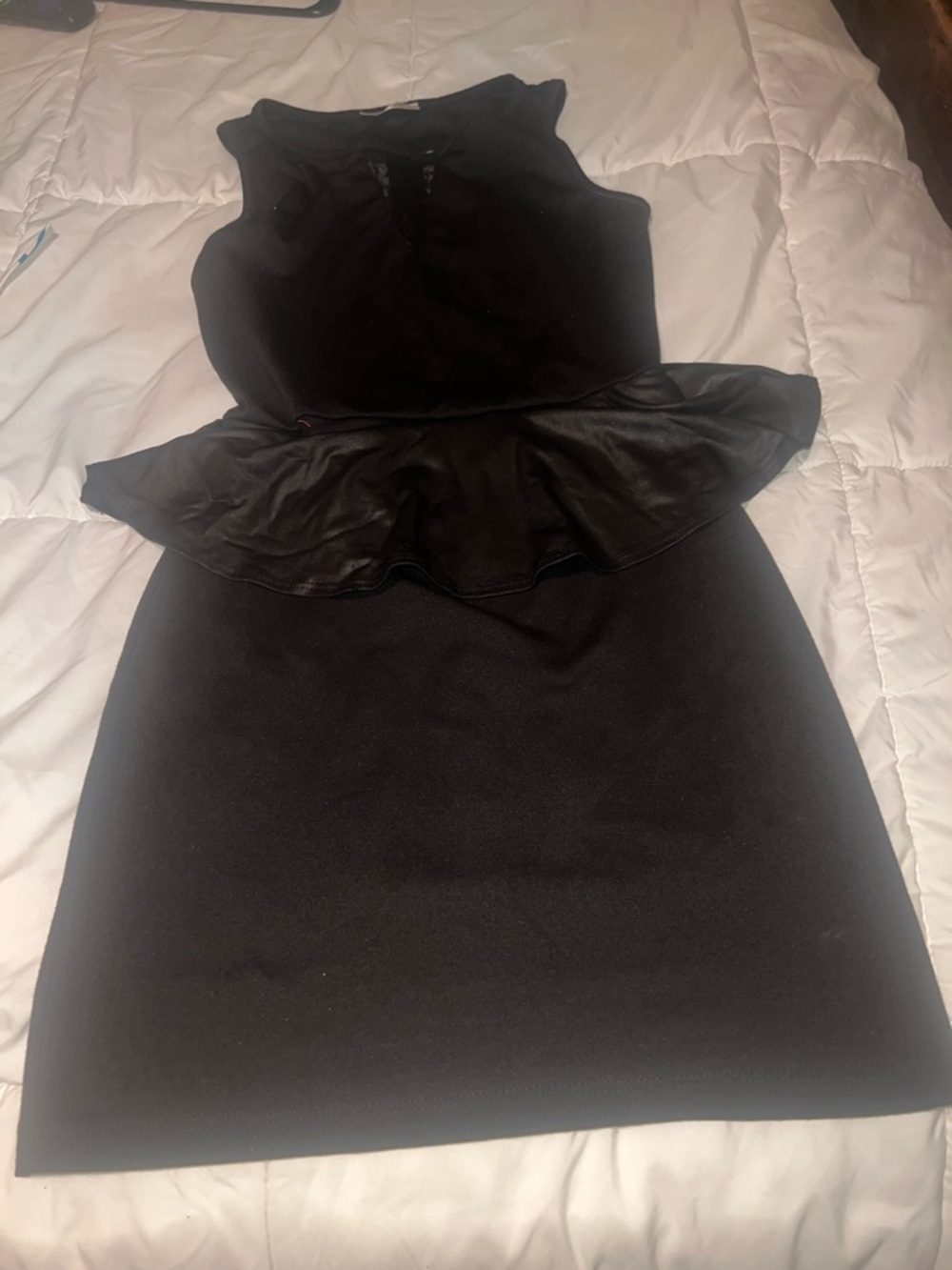 Misope Black Peplum Faux-Leather Trim Mini Dress